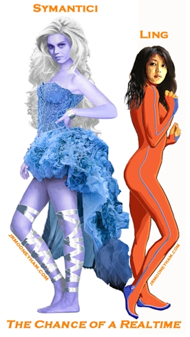 Beautiful white haired purple woman in blue dress with silver ankle wraps and black haired asian woman in an orange cat suit.